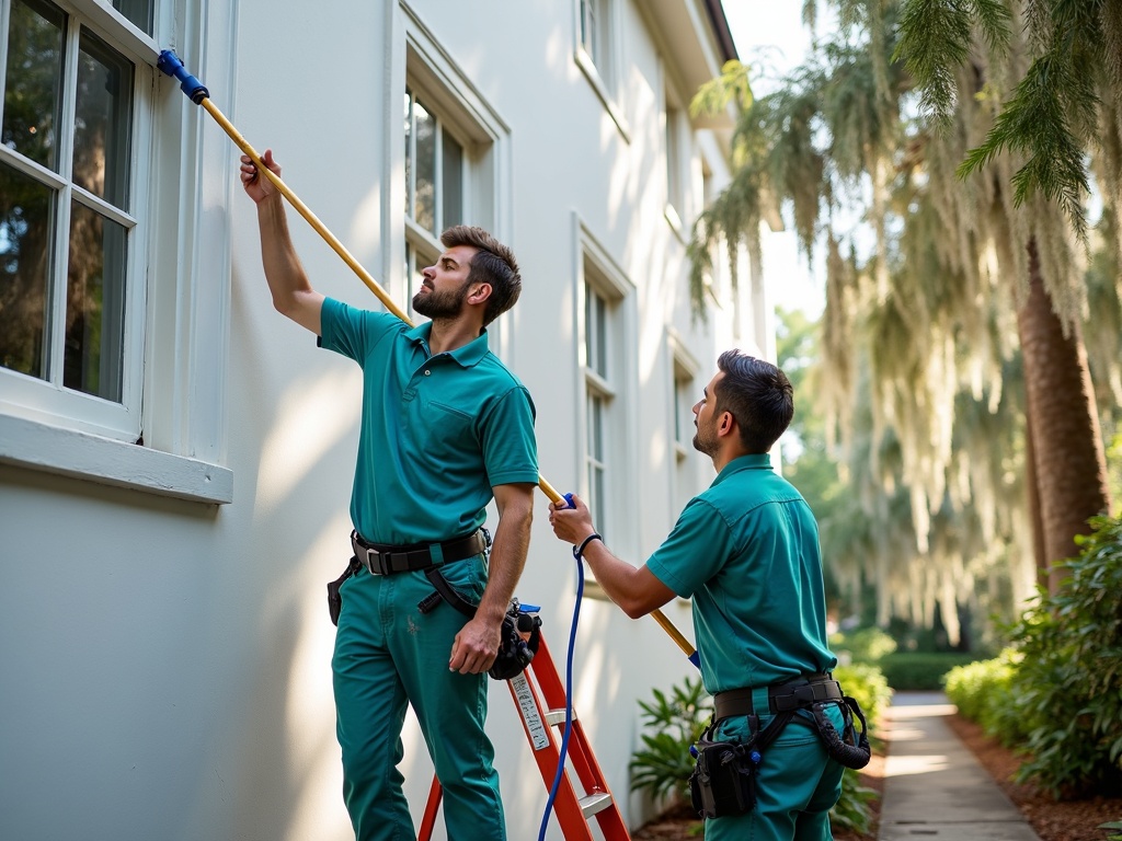 Illustrative window-cleaning scene