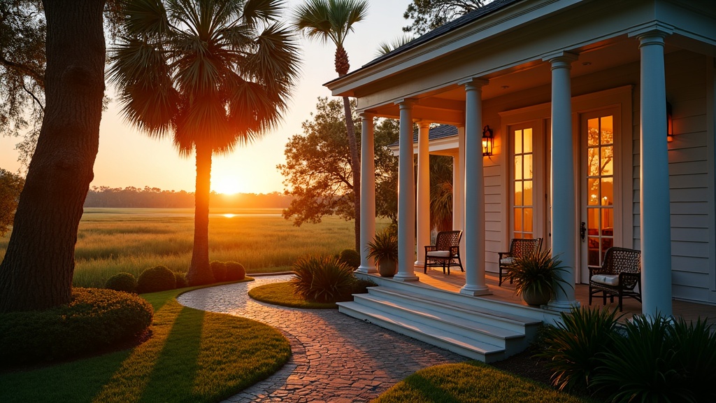 Illustrative home with large windows at sunset