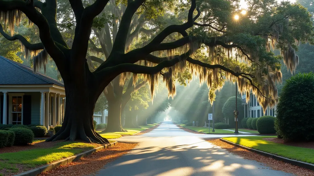 Illustration of a live oak with Spanish moss over a quiet Charleston street