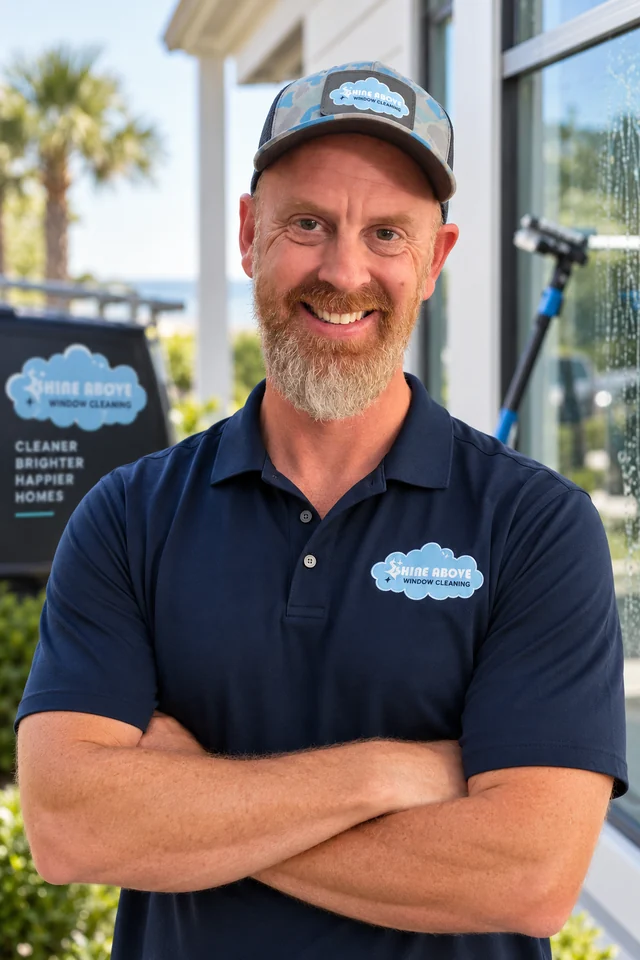 Nick Mattia, owner of Shine Above, wearing a company cap and polo shirt